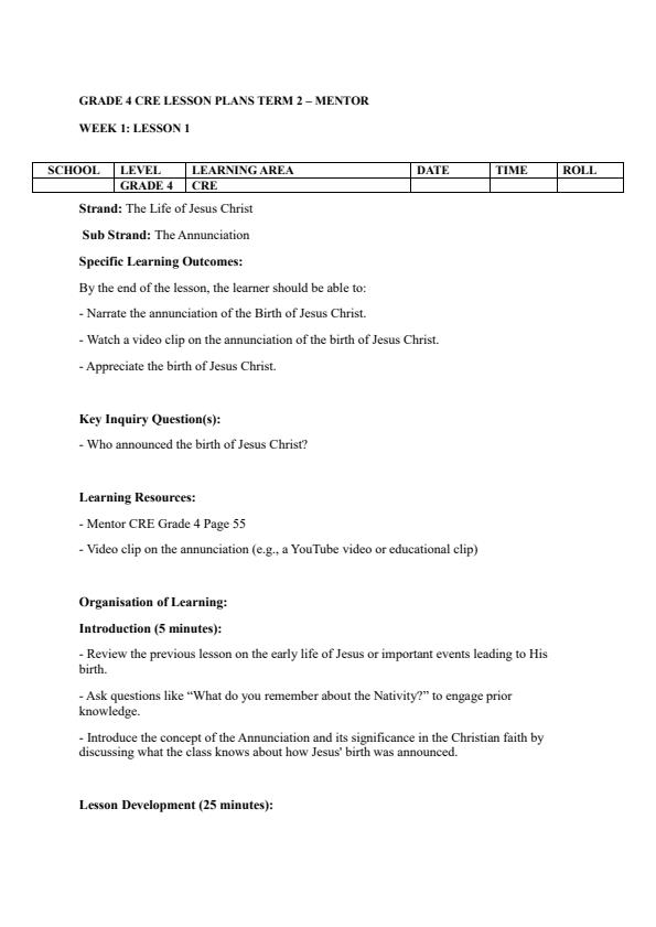 Page 1 – Grade 4 CRE Lesson Plans Term 2 - Mentor – Kenyaplex