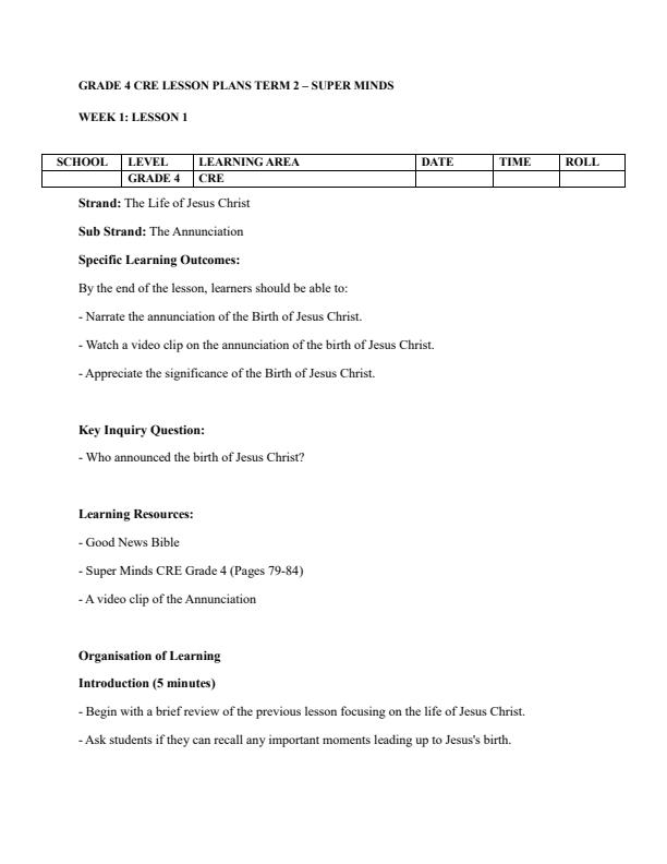 Page 1 – Grade 4 CRE Lesson Plans Term 2 - Super Minds – Kenyaplex