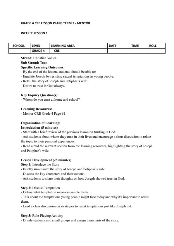 Page 1 – Grade 4 CRE Lesson Plans Term 3 - Mentor – Kenyaplex