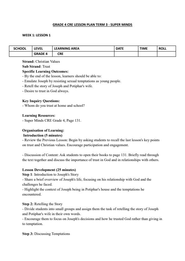 Page 1 – Grade 4 CRE Lesson Plans Term 3 - Super Minds – Kenyaplex