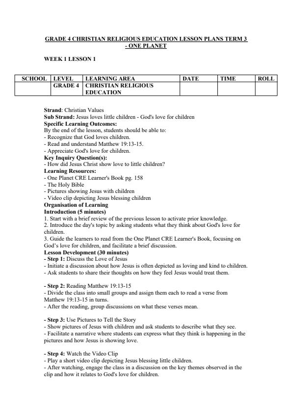 Page 1 – Grade 4 Christian Religious Education Lesson Plans Term 3 - One Planet – Kenyaplex