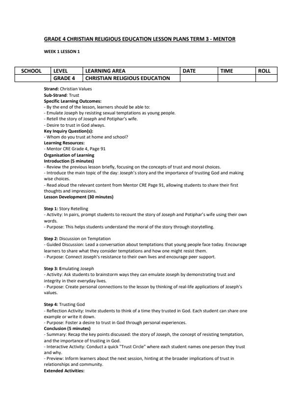 Page 1 – Grade 4 Christian Religious Educaton Lesson Plans Term 3 - Mentor – Kenyaplex
