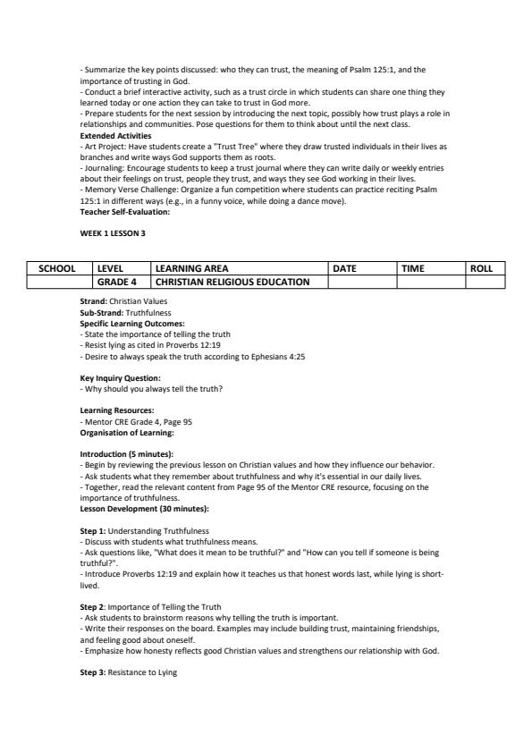 Page 3 – Grade 4 Christian Religious Educaton Lesson Plans Term 3 - Mentor – Kenyaplex