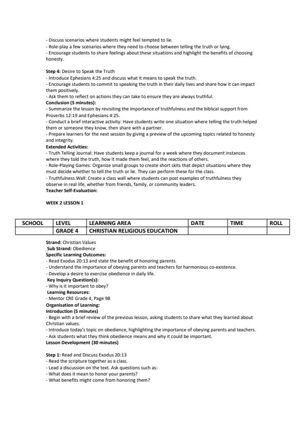Page 4 – Grade 4 Christian Religious Educaton Lesson Plans Term 3 - Mentor – Kenyaplex