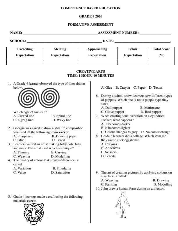 Page 1 – Grade 4 Creative Arts Activities April 2026 Holiday Assignment – Kenyaplex