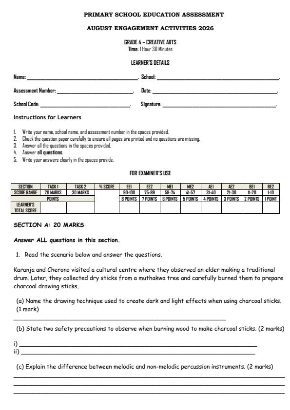 Page 1 – Grade 4 Creative Arts August 2026 Holiday Assignment – Kenyaplex