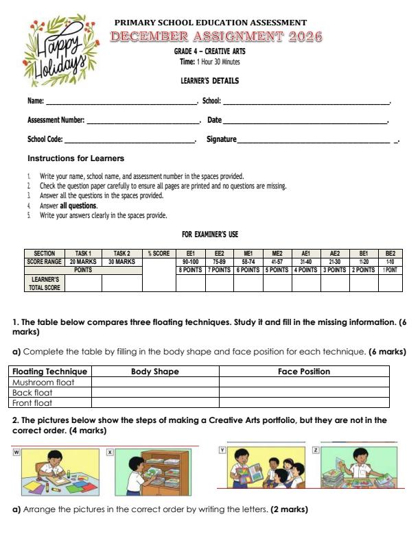 Page 1 – Grade 4 Creative Arts December 2026 Holiday Assignment – Kenyaplex