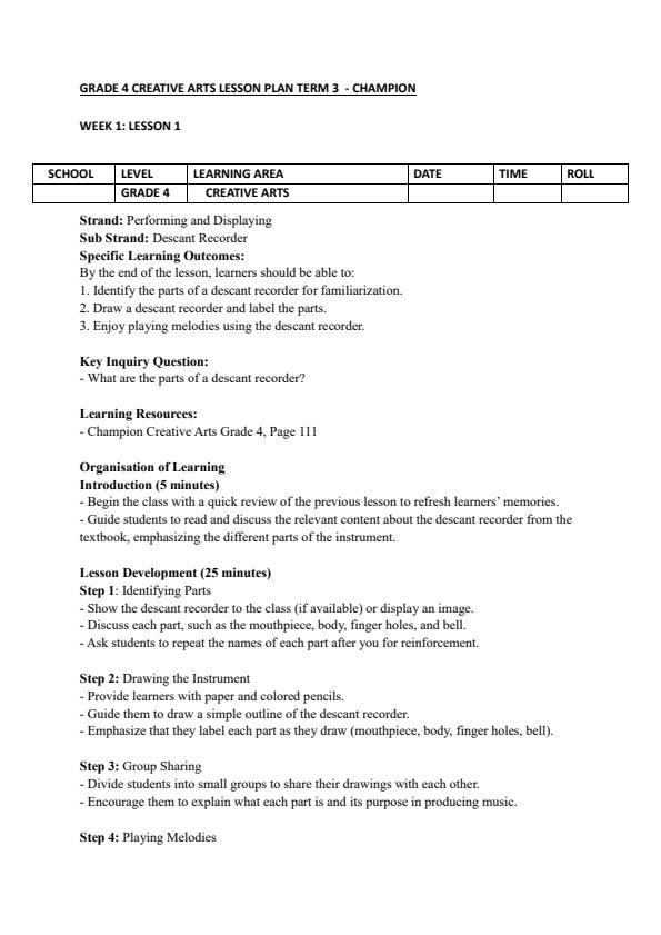 Page 1 – Grade 4 Creative Arts Lesson Plans Term 3 - Champion – Kenyaplex