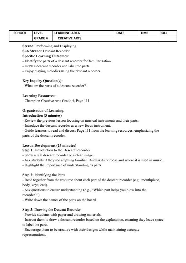 Page 3 – Grade 4 Creative Arts Lesson Plans Term 3 - Champion – Kenyaplex