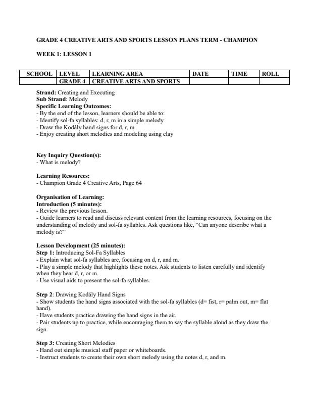 Page 1 – Grade 4 Creative Arts and Sports Lesson Plans Term 2 - Champion Creative Arts – Kenyaplex