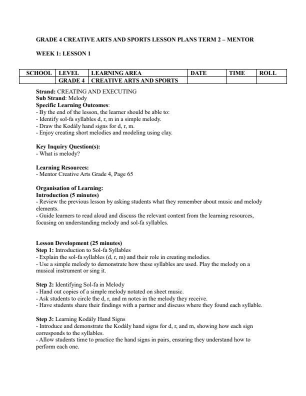 Page 1 – Grade 4 Creative Arts and Sports Lesson Plans Term 2 - Mentor – Kenyaplex