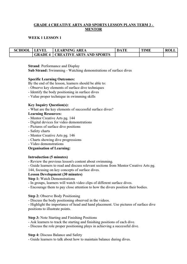 Page 1 – Grade 4 Creative Arts and Sports Lesson Plans Term 3 - Mentor  – Kenyaplex