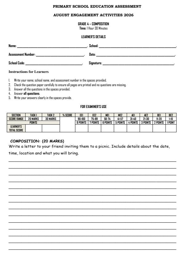 Page 1 – Grade 4 English - Composition August 2026 Holiday Assignment – Kenyaplex
