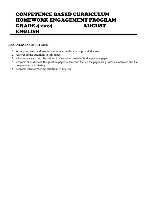 Page 1 – Grade 4 English August 2024 Holiday Assignment – Kenyaplex