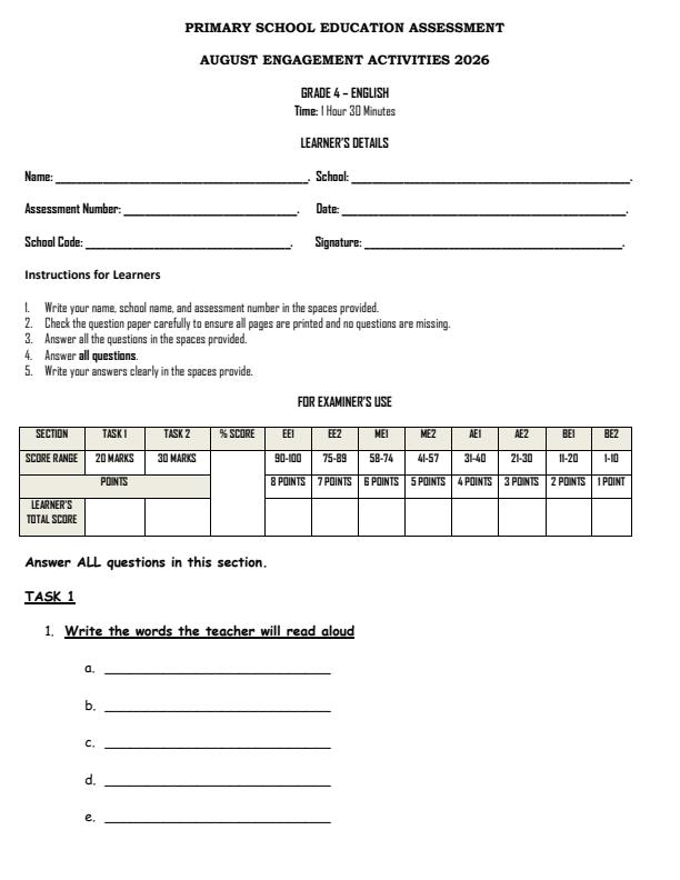 Page 1 – Grade 4 English August 2026 Holiday Assignment – Kenyaplex