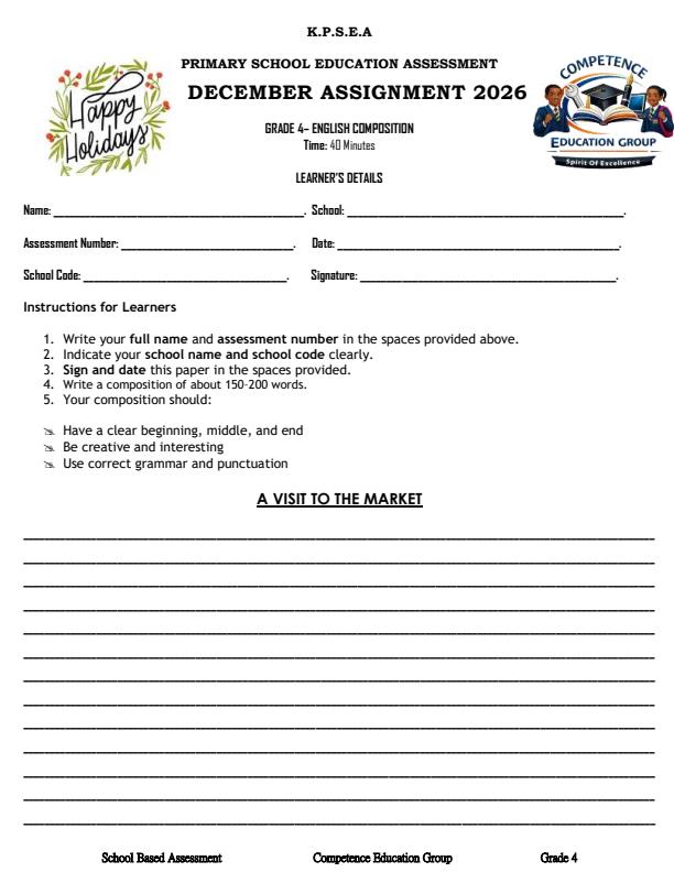 Page 1 – Grade 4 English Composition December 2026 Holiday Assignment – Kenyaplex