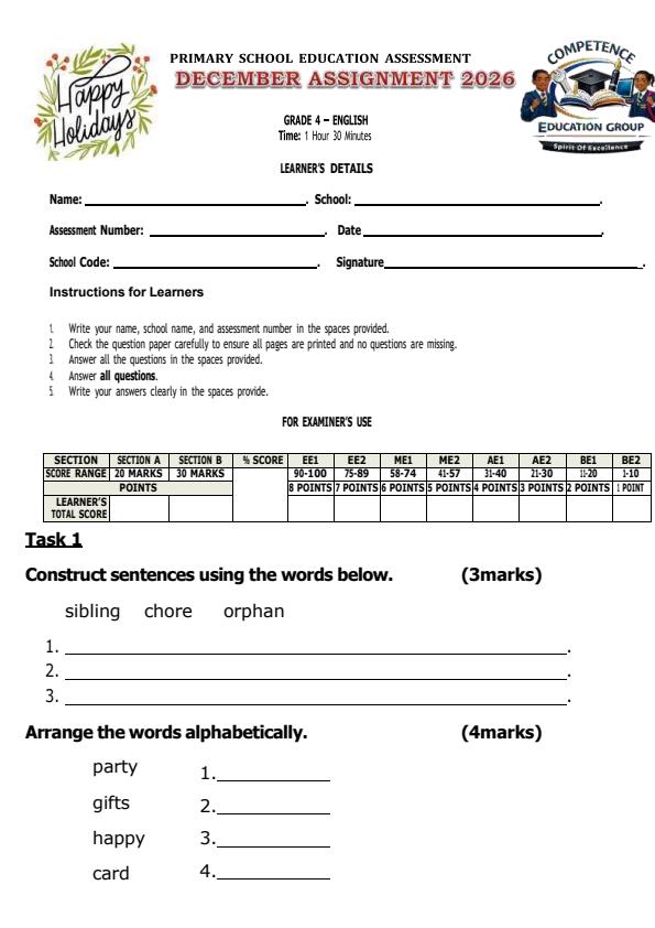 Page 1 – Grade 4 English December 2026 Holiday Assignment – Kenyaplex