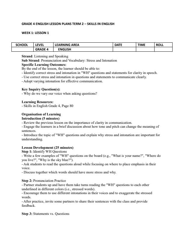 Page 1 – Grade 4 English Lesson Plans Term 2 - Skills in English – Kenyaplex