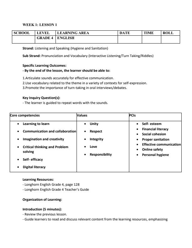 Page 1 – Grade 4 English Lesson Plans Term 3 - Longhorn – Kenyaplex