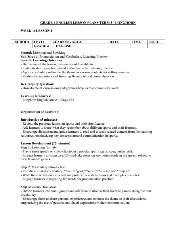 Page 1 – Grade 4 English Lesson Plans Term 3 - Longhorn – Kenyaplex