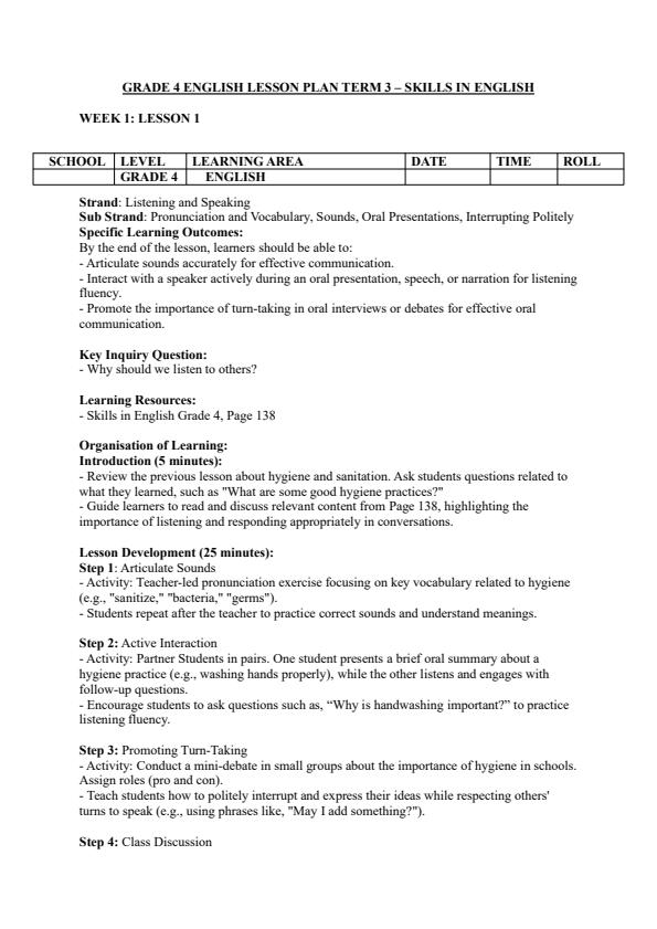 Page 1 – Grade 4 English Lesson Plans Term 3 - Skills in English – Kenyaplex