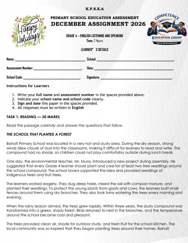 Page 1 – Grade 4 English Listening and Speaking December 2026 Holiday Assignment – Kenyaplex