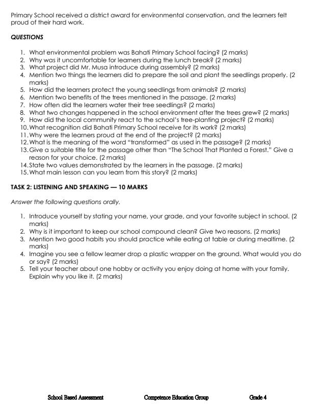 Page 2 – Grade 4 English Listening and Speaking December 2026 Holiday Assignment – Kenyaplex
