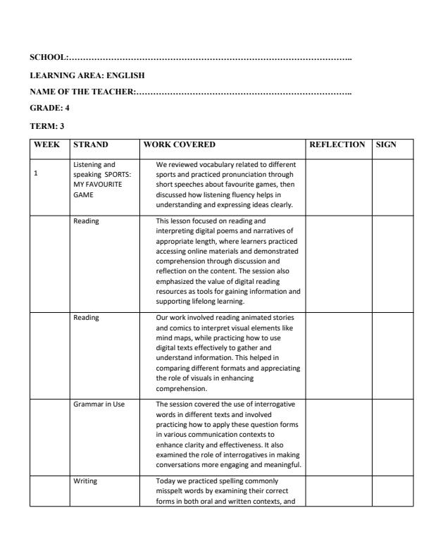 Page 1 – Grade 4 English Records of Work Term 3 - Longhorn – Kenyaplex