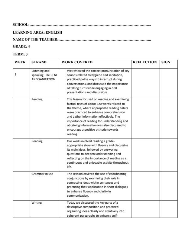 Page 1 – Grade 4 English Records of Work Term 3 - Skills in English – Kenyaplex