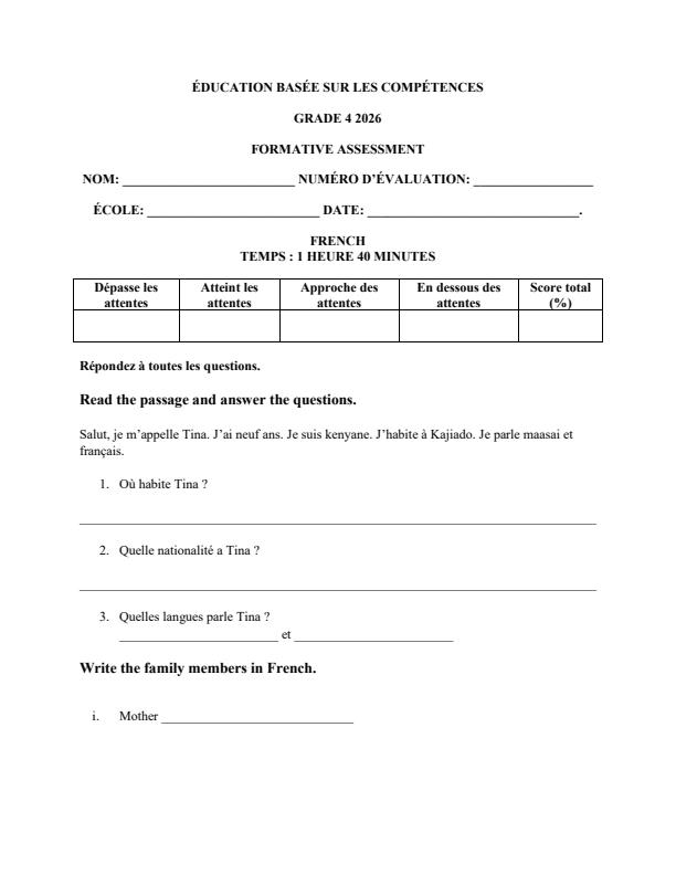 Page 1 – Grade 4 French April 2026 Holiday Assignment – Kenyaplex