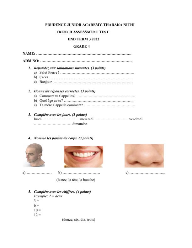 Page 1 – Grade 4 French Assessment Test End Term 3 2023 – Kenyaplex