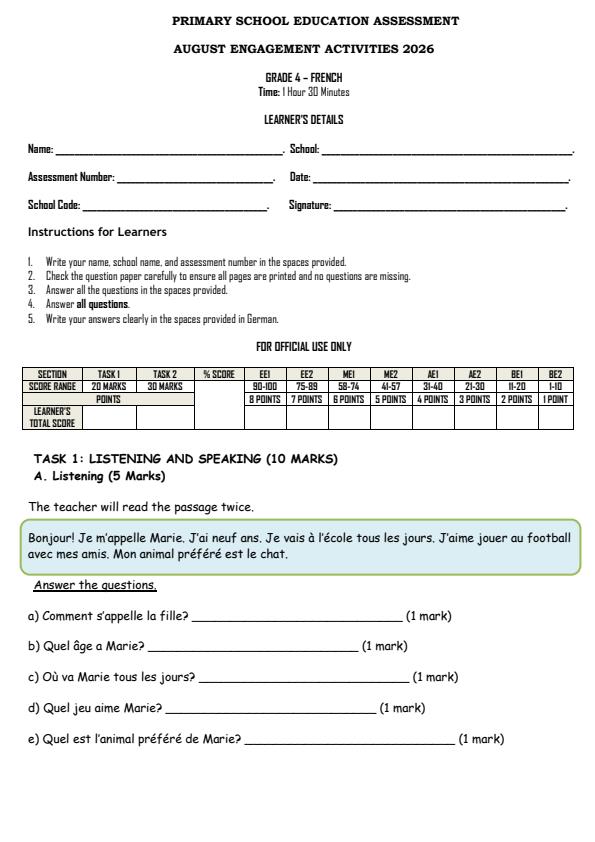 Page 1 – Grade 4 French August 2026 Holiday Assignment – Kenyaplex