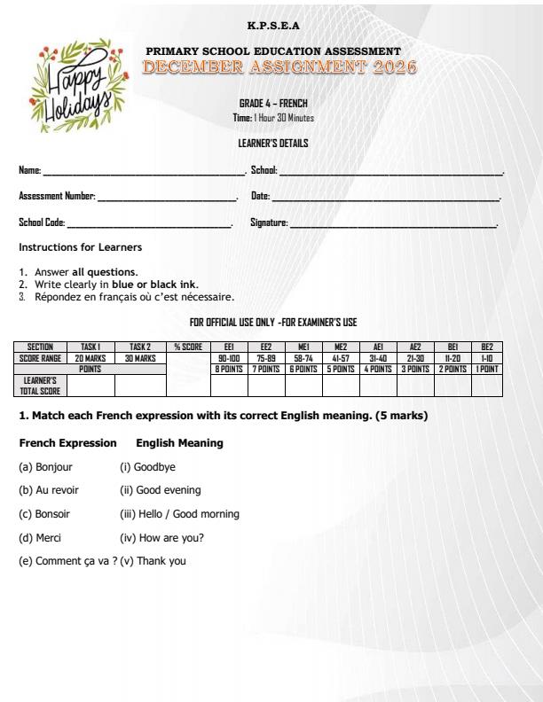 Page 1 – Grade 4 French December 2026 Holiday Assignment – Kenyaplex