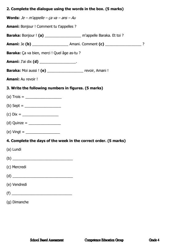 Page 2 – Grade 4 French December 2026 Holiday Assignment – Kenyaplex