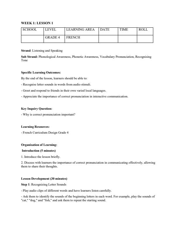 Page 1 – Grade 4 French Lesson Plans Term 1 – Kenyaplex