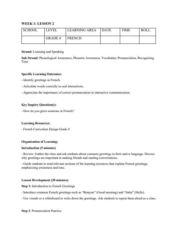 Page 3 – Grade 4 French Lesson Plans Term 1 – Kenyaplex
