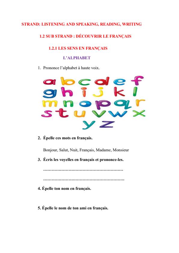 Page 1 – Grade 4 French. Sub Strand: L