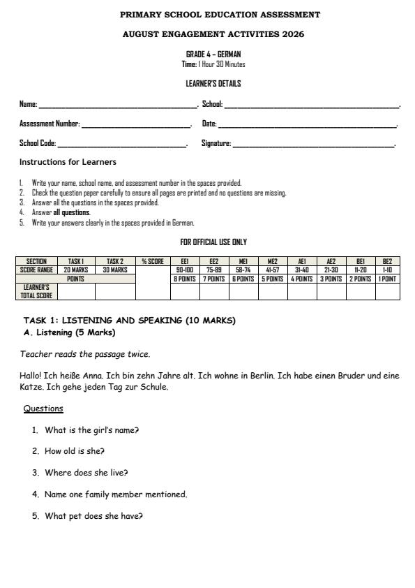 Page 1 – Grade 4 German August 2026 Holiday Assignment – Kenyaplex
