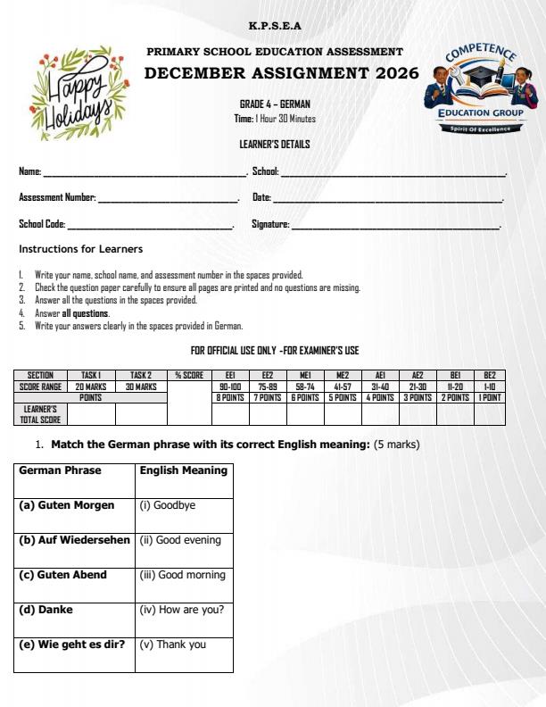Page 1 – Grade 4 German December 2026 Holiday Assignment – Kenyaplex