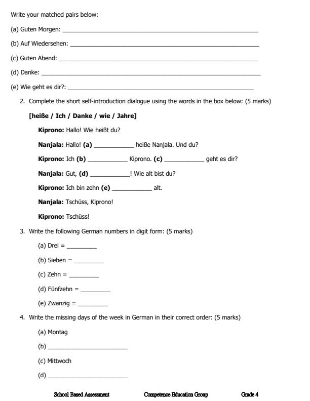 Page 2 – Grade 4 German December 2026 Holiday Assignment – Kenyaplex