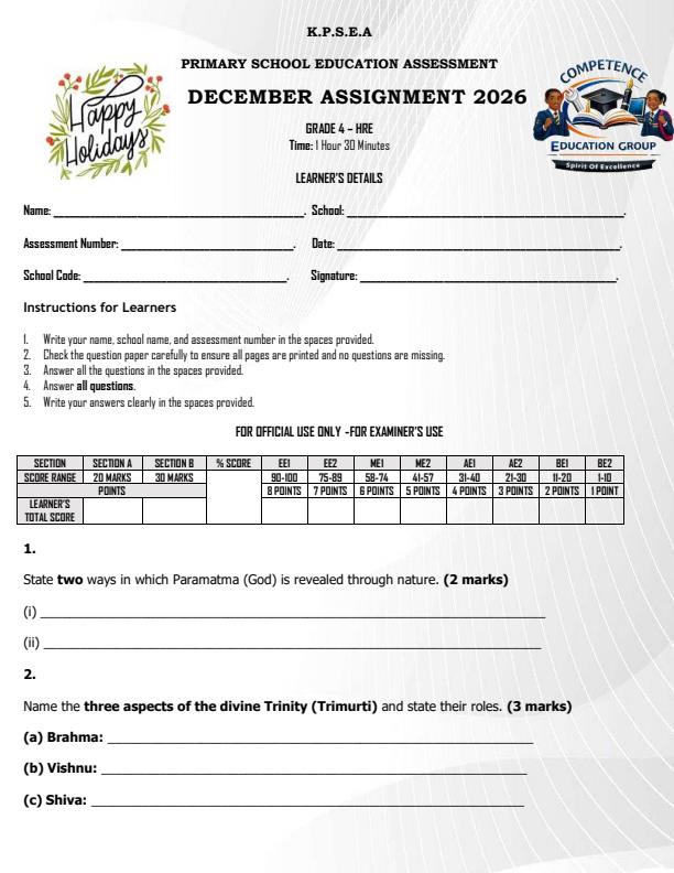 Page 1 – Grade 4 Hindu Religious Education December 2026 Holiday Assignment – Kenyaplex