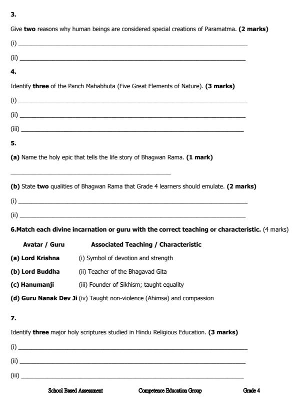 Page 2 – Grade 4 Hindu Religious Education December 2026 Holiday Assignment – Kenyaplex