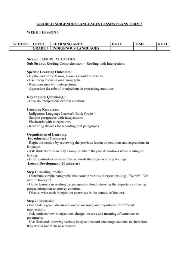 Page 1 – Grade 4 Indigenous Languages Lesson Plans Term 3 – Kenyaplex