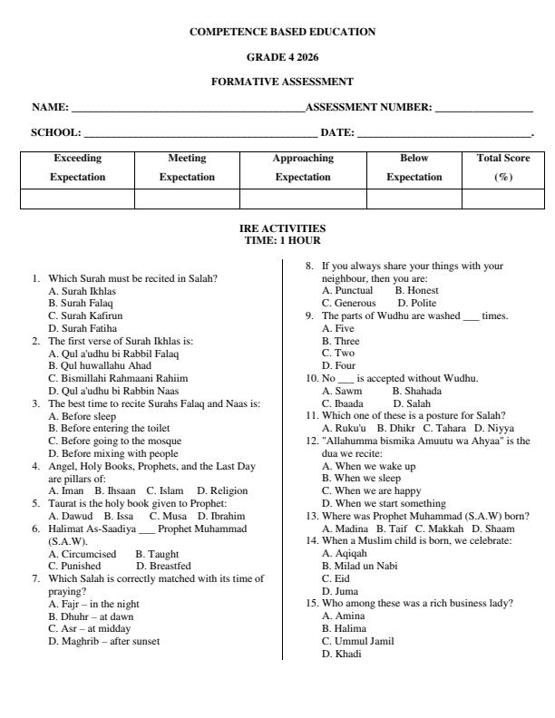 Page 1 – Grade 4 Islamic Religious Education Activities April 2026 Holiday Assignment – Kenyaplex