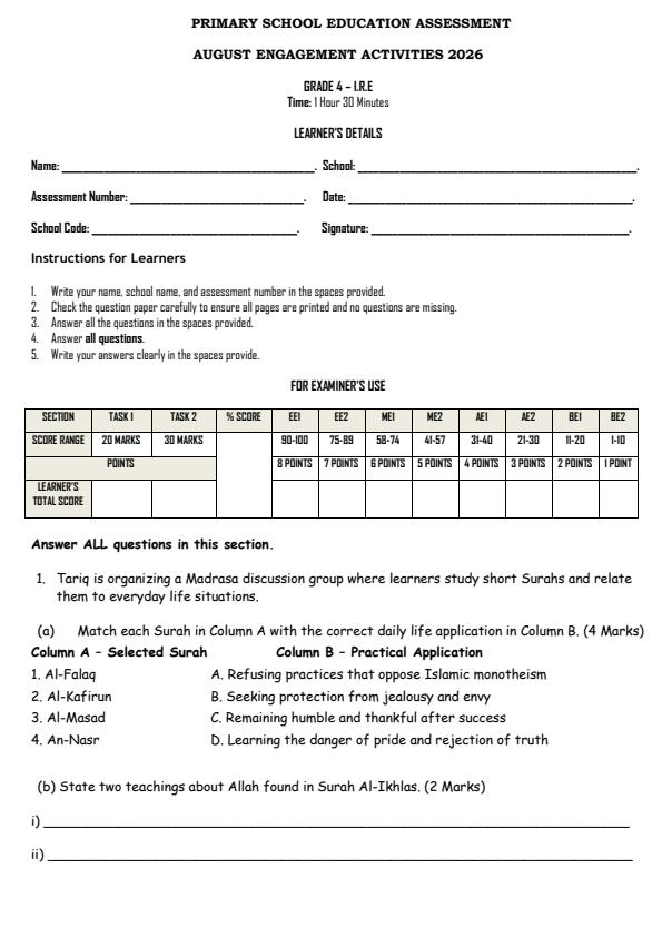 Page 1 – Grade 4 Islamic Religious Education August 2026 Holiday Assignment – Kenyaplex