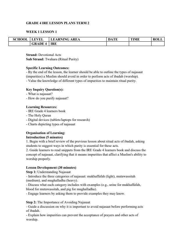 Page 1 – Grade 4 Islamic Religious Education (IRE) Lesson Plans Term 2 – Kenyaplex