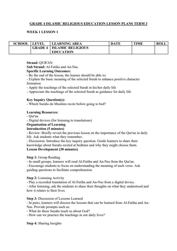 Page 1 – Grade 4 Islamic Religious Education Lesson Plans Term 3  – Kenyaplex