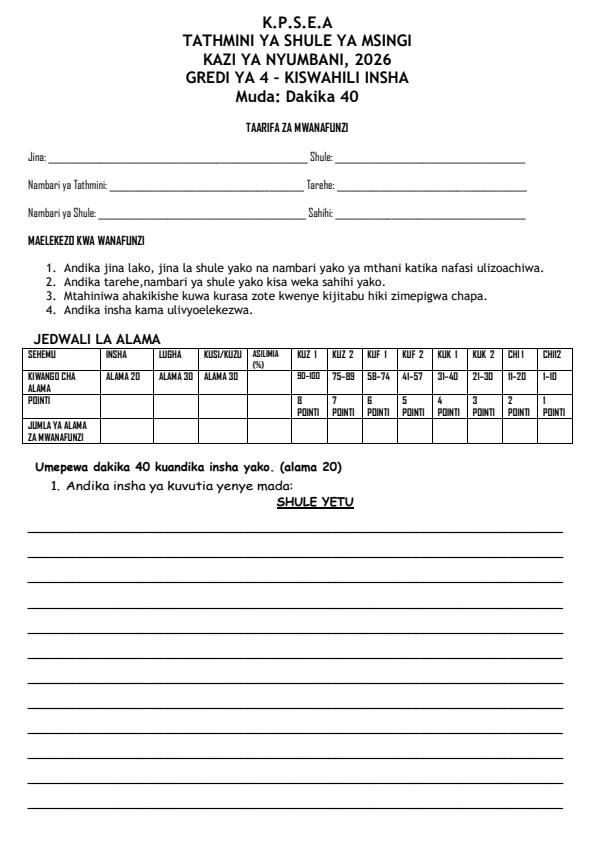 Page 1 – Grade 4 Kiswahili - Insha August 2026 Holiday Assignment – Kenyaplex
