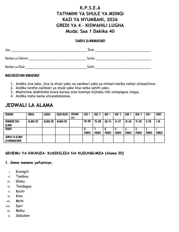 Page 1 – Grade 4 Kiswahili - Lugha August 2026 Holiday Assignment – Kenyaplex