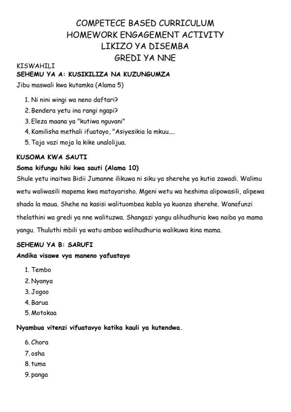 Page 1 – Grade 4 Kiswahili December 2024 Holiday Assignment – Kenyaplex